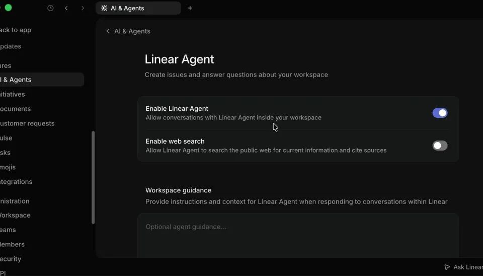 Linear AI Agent 设置界面截图