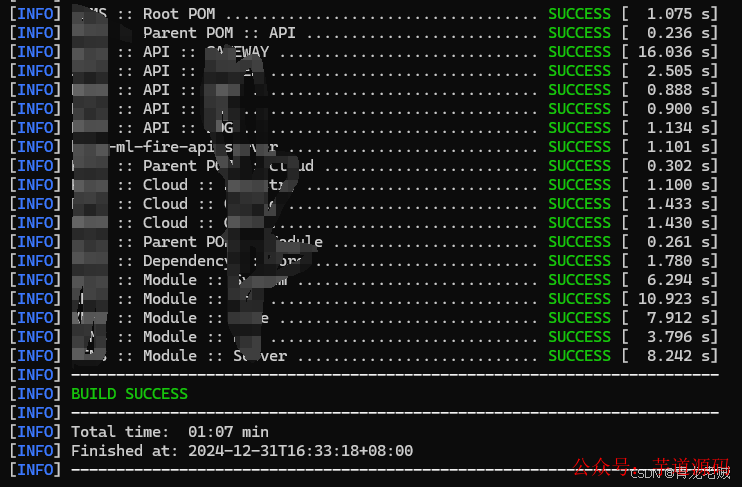 原生 Maven 执行多模块清理并打包耗时结果