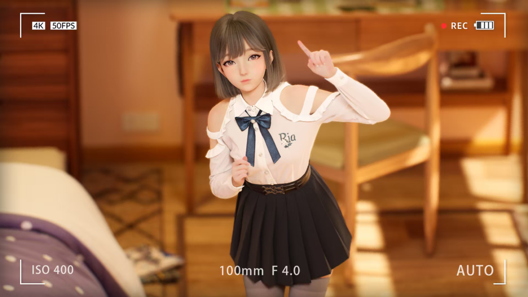 3D动漫风女性角色Ria站姿展示,模拟相机取景界面