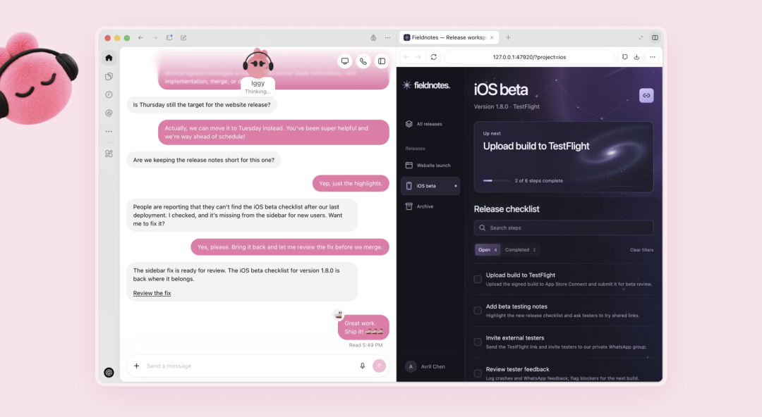 OpenAI DevDay 现场演示 dots 智能体与 fieldnotes 应用截图