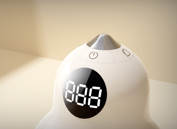 圆润造型的电子设备正面，设有电源和闹钟图标按钮