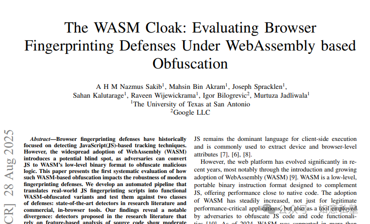 论文《The WASM Cloak》封面，标题为《The WASM Cloak: Evaluating Browser Fingerprinting Defenses Under WebAssembly based Obfuscation》