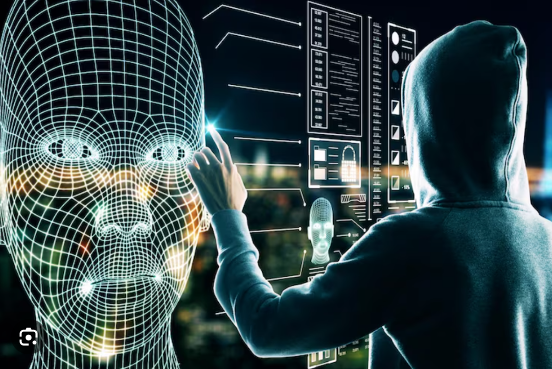 一名神秘人物用手指触碰一个发光的全息人脸网格模型