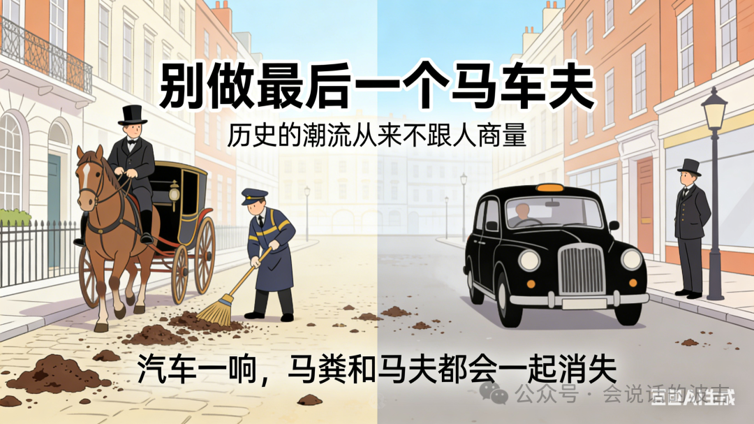 描绘马车夫与汽车时代更迭的对比插画