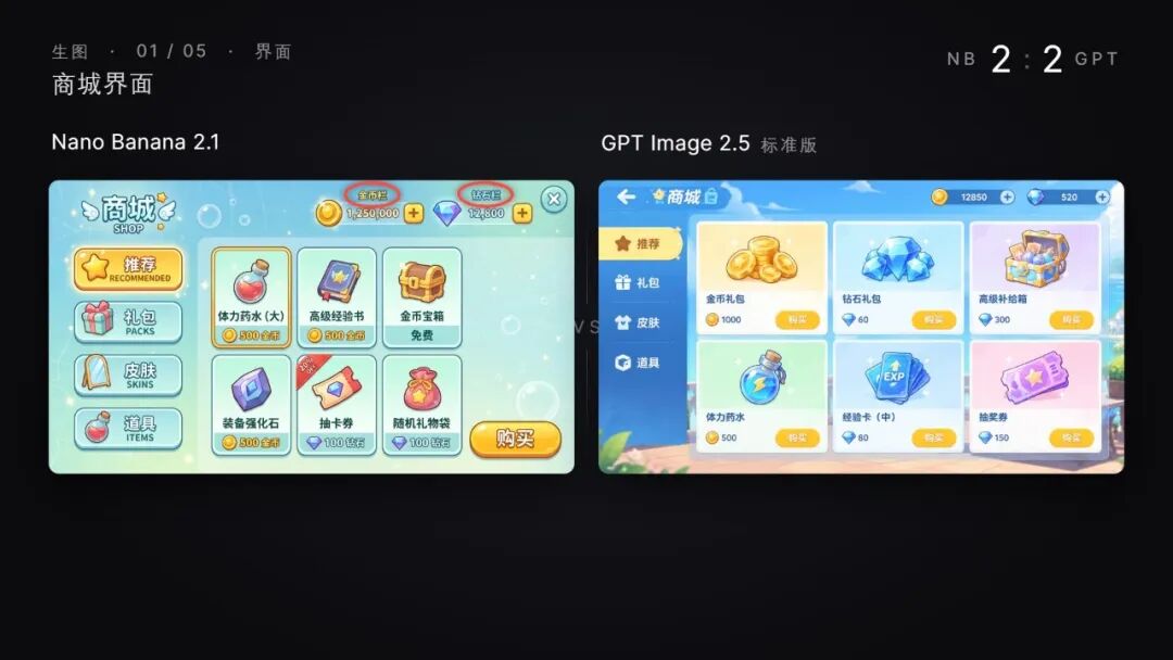 Nano Banana 2.1和GPT Image 2.5商城界面生图对比