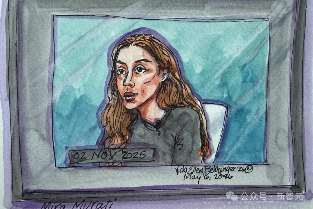 法庭速写风格的画像描绘出证人席上的Mira Murati表情严肃