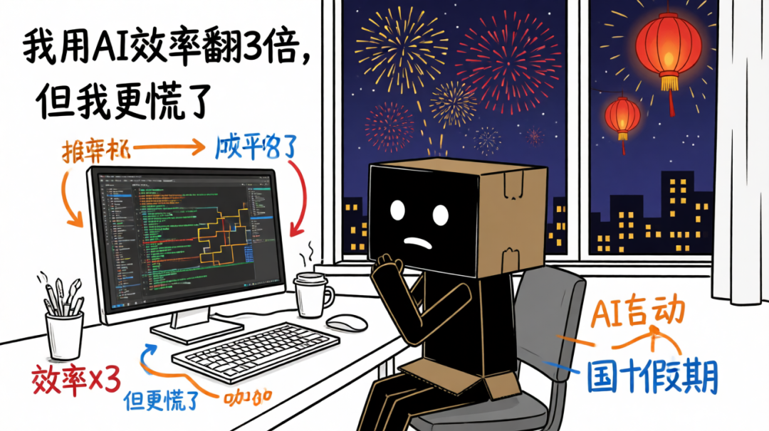 卡通插画:程序员在春节夜晚加班,AI提高效率后反而更焦虑