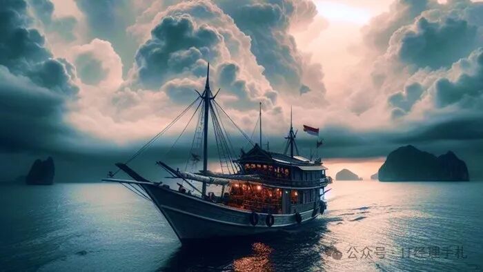 一艘装饰灯光的木质帆船在宁静海面航行