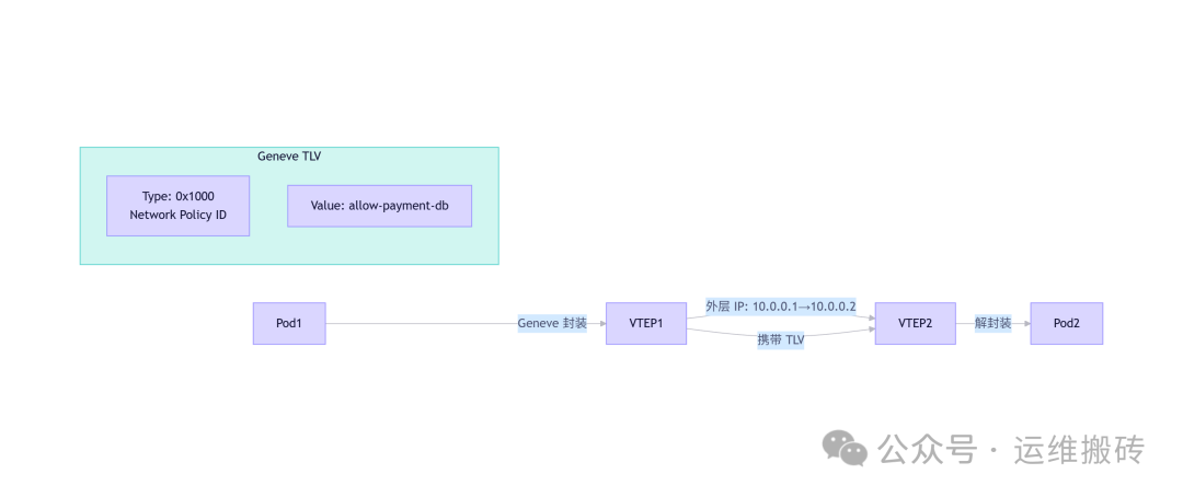 Geneve 隧道中携带网络策略 TLV 的流程图