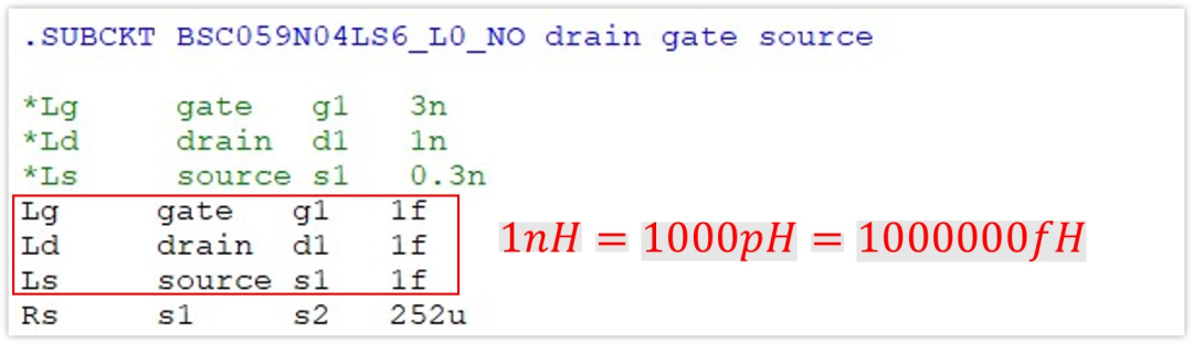 修改MOS管模型参数，将Lg, Ld, Ls改为1fH
