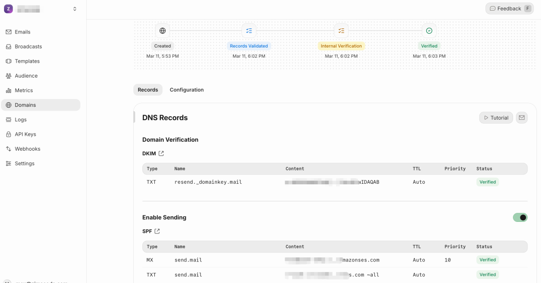 Resend 域名 DNS 记录配置与验证状态