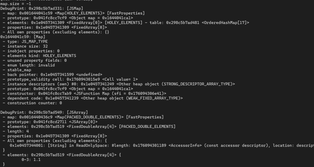 深色背景的代码调试输出界面,显示了JavaScript中Map和Array对象的内存结构信息