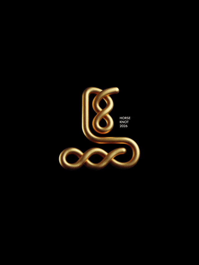 金色与白色线条“HORSE KNOT 2026”，黑色背景，现代极简主义