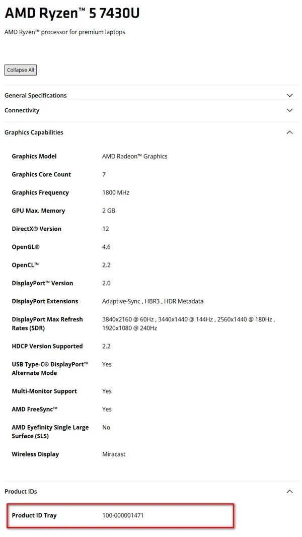 AMD Ryzen 5 7430U官方规格页