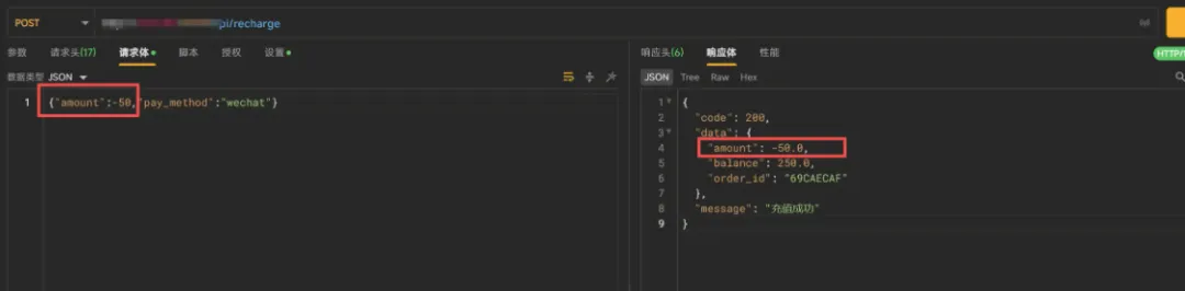 API调试界面,展示了通过修改请求体中的金额为负数,后端返回充值成功的响应数据