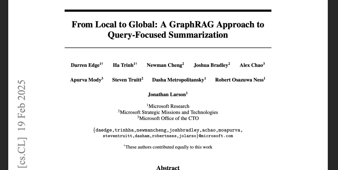 微软 GraphRAG 论文首页截图,标题为“From Local to Global: A GraphRAG Approach”
