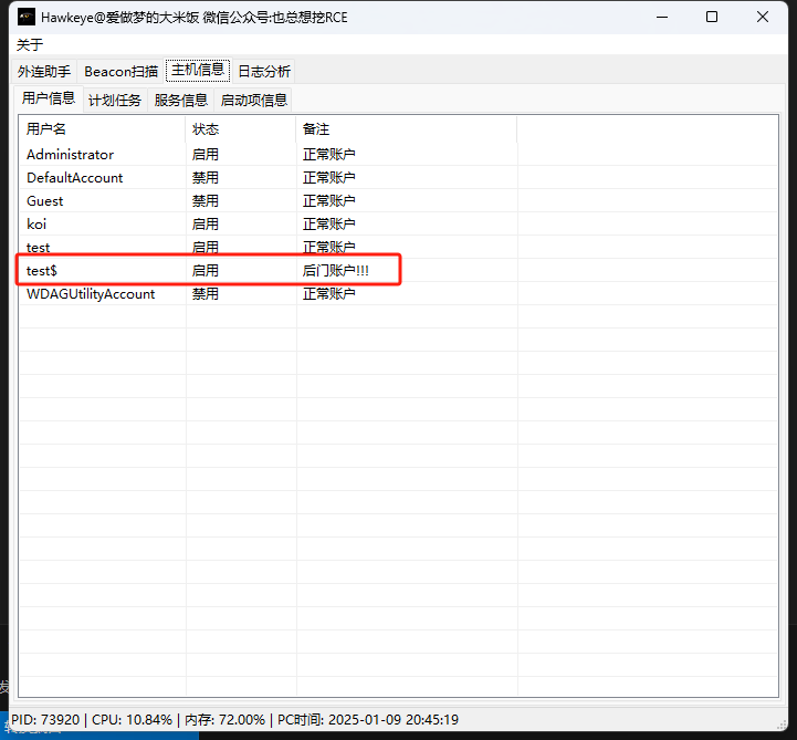 Hawkeye 用户信息查看界面,高亮显示可疑的 test$ 账户