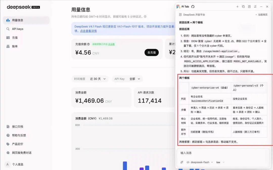 DeepSeek Cyber 模型准入申请灰度页面与Pi Tab模板对比