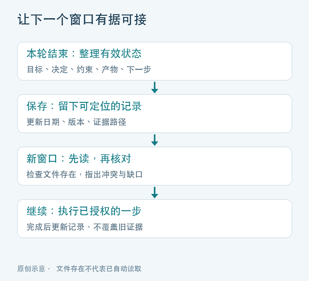 AI 换窗口接续工作的交接记录流程图
