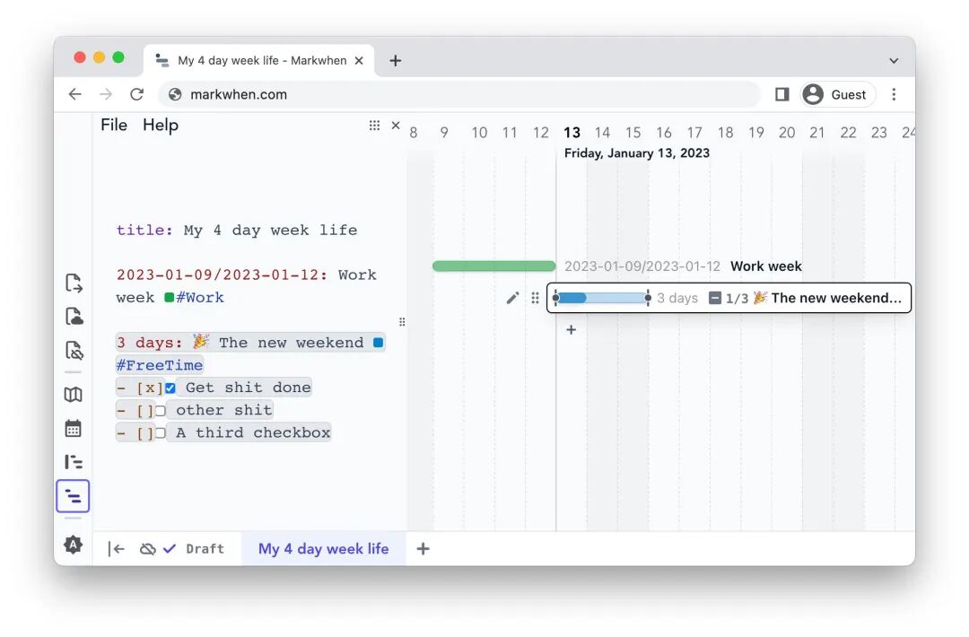 Markwhen四天工作周示例（时间线视图）