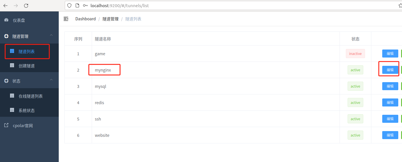 cpolar 隧道列表,mynginx 隧道状态为 active