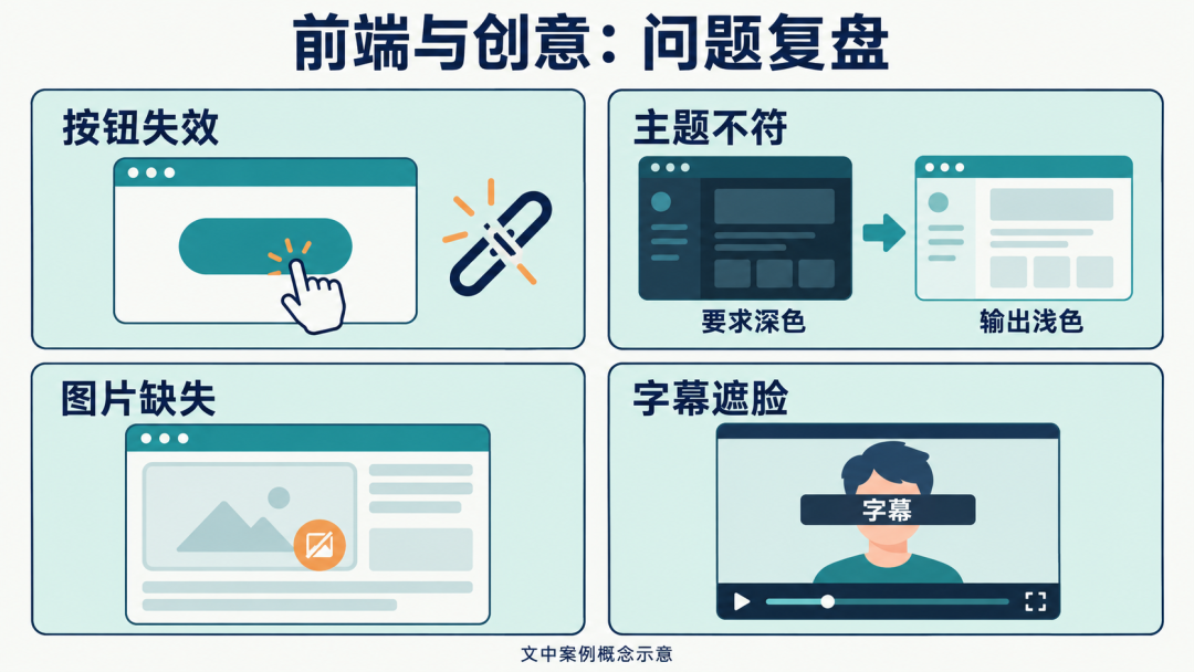 前端与创意问题复盘:按钮失效、主题不符、图片缺失、字幕遮脸