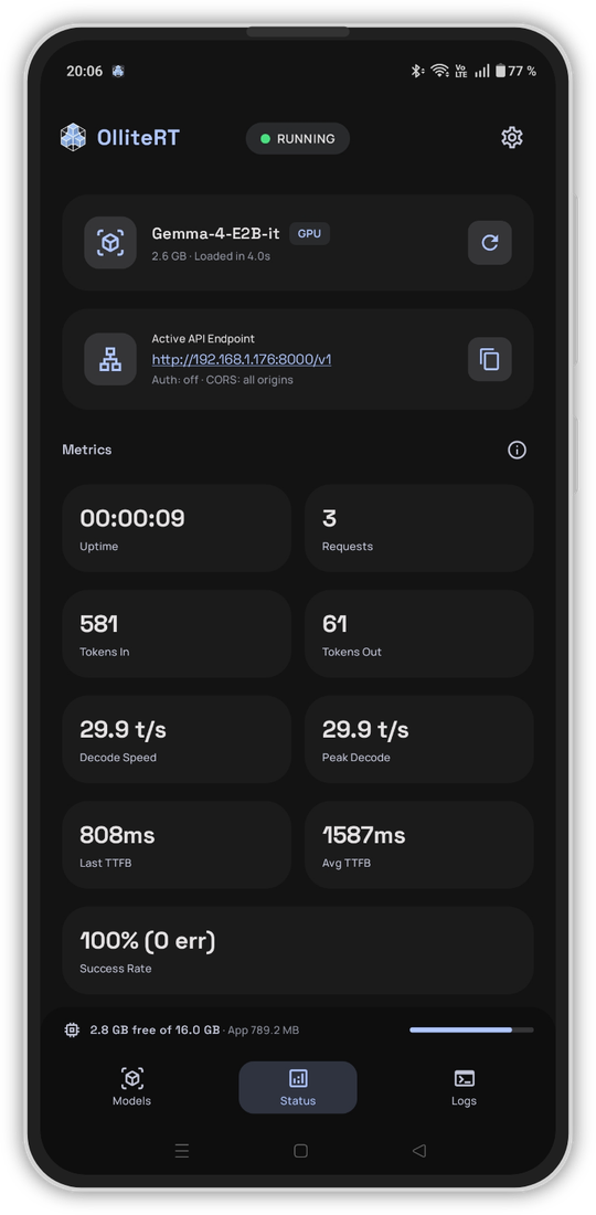 OlliteRT 状态页:Gemma-4-E2B-it 加载信息、API 端点与实时推理指标