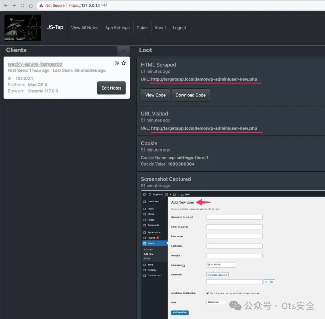 JS-Tap事件流和截图,展示了“添加新用户”的空白表单页面。