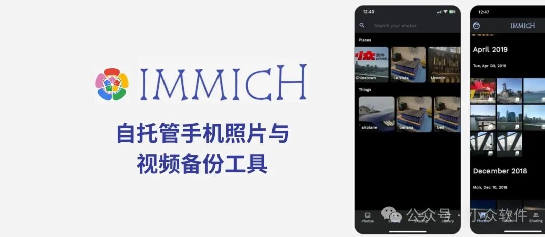 Immich 品牌标识与手机应用界面截图,显示搜索和按地点/事物分类的相册视图