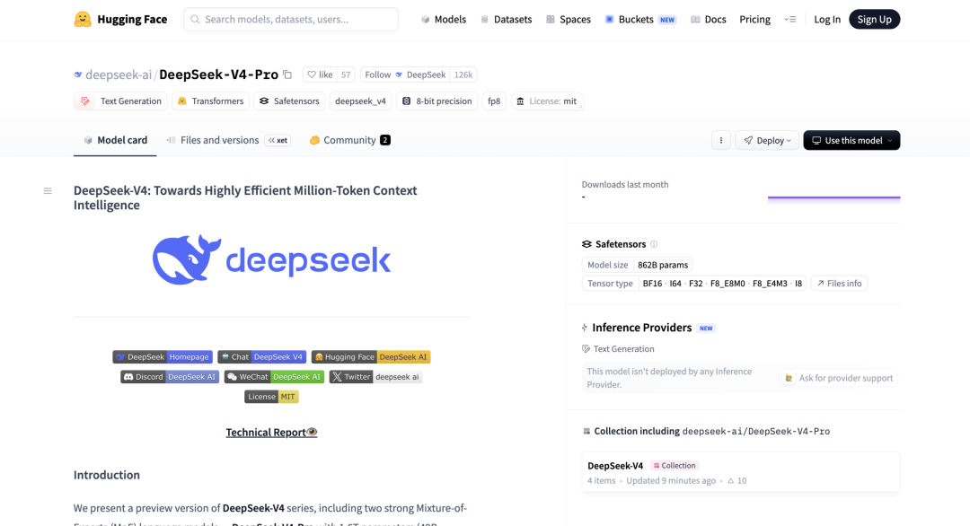 DeepSeek-V4-Pro在HuggingFace上的模型卡页面