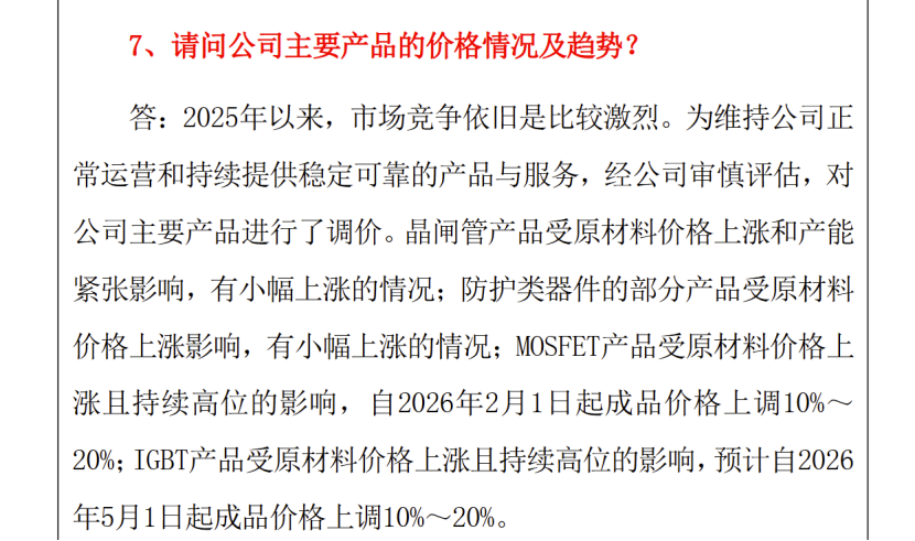 捷捷微电产品调价问答截图