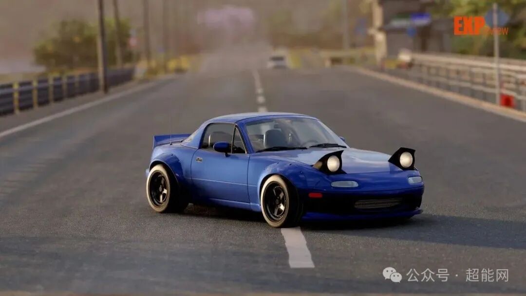 蓝色宽体改装马自达MX-5行驶在公路上的游戏截图