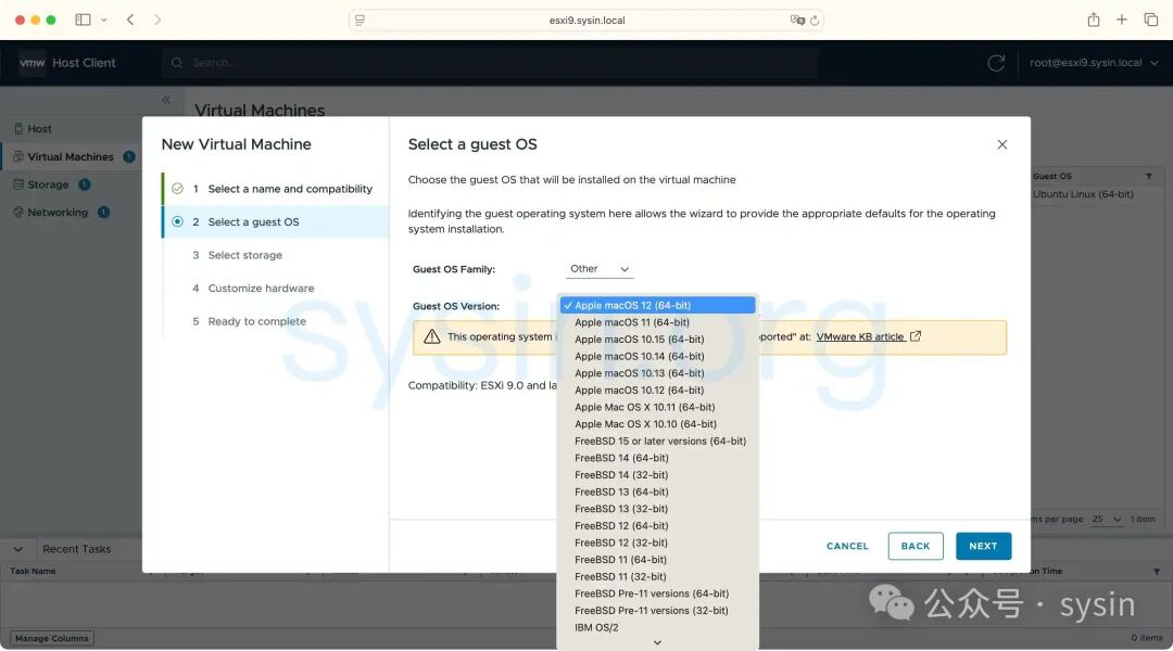 ESXi 9.1 新建虚拟机向导中 Apple macOS 选项已移至 Other 类别