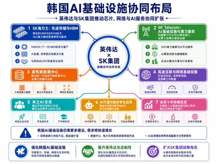 韩国AI基础设施协同布局示意图,展示英伟达与SK集团在存储、数据中心、网络以及AI云服务等方面的全面合作