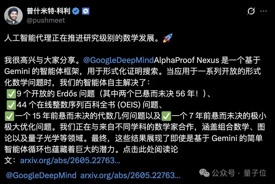 一张社交媒体推文截图,用户‘普什米特·科利’发布关于AlphaProof Nexus解决9个开放Erdős问题、44个OEIS问题及其他悬疑的成果,并附上了论文链接
