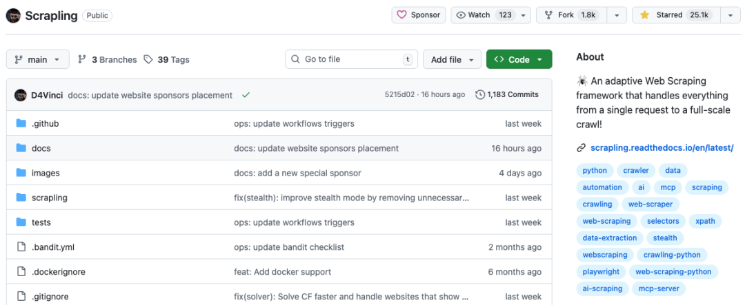Scrapling GitHub 仓库首页截图