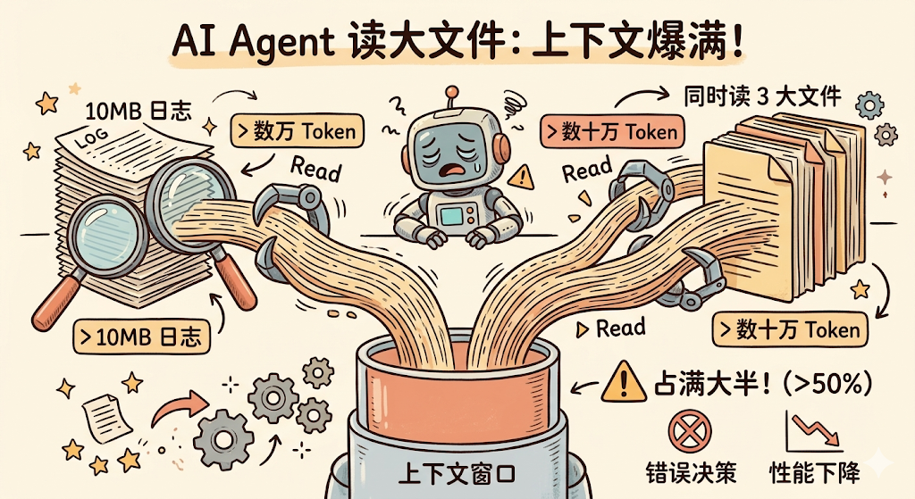 一幅关于AI代理读取大文件的插画,中央是一个标有'上下文窗口'的圆柱形容器,上方有一个表情疲惫、带耳机的机器人,正被从左右两侧涌来的大量数据流包围。左侧是一叠标有'LOG'的文件,配有放大镜,标注'10MB 日志'和'> 10MB 日志',并有箭头指向机器人,标注'>数万 Token'和'Read';右侧是多叠文件,标注'同时读3大文件'、'>数十万 Token'和'Read';底部从容器中延伸出警示标志,提示'占满大半!(>50%)',下方还有两个图标:红色禁止符号配文字'错误决策',以及下降折线图配文字'性能下降';画面中散布齿轮、星星等装饰元素,整体风格为手绘卡通,背景为米色。