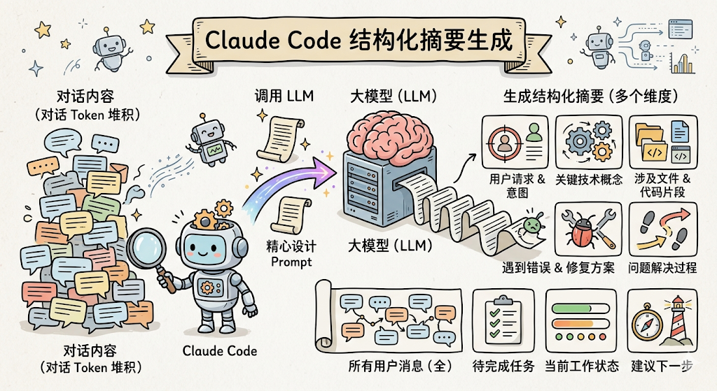 一张关于Claude Code结构化摘要生成流程的插画式信息图。顶部中央为标题‘Claude Code 结构化摘要生成’,横幅样式。左侧是大量彩色对话气泡堆叠,标注‘对话内容(对话 Token 堆积)’,一个带放大镜和齿轮的机器人形象位于下方,标注‘Claude Code’;中间区域显示‘调用 LLM’与‘大模型(LLM)’,有卷轴箭头指向服务器机柜上的大脑图标,下方标注‘精心设计 Prompt’;右侧为‘生成结构化摘要(多个维度)’模块,包含六个小图标及说明:用户请求 & 意图、关键技术概念、涉及文件 & 代码片段、遇到错误 & 修复方案、问题解决过程;底部横向展开一卷轴,含四个图标及说明:所有用户消息(全)、待完成任务、当前工作状态、建议下一步;画面中还有多个小机器人、星星、图表等装饰元素,整体风格为卡通手绘风,色彩明亮。