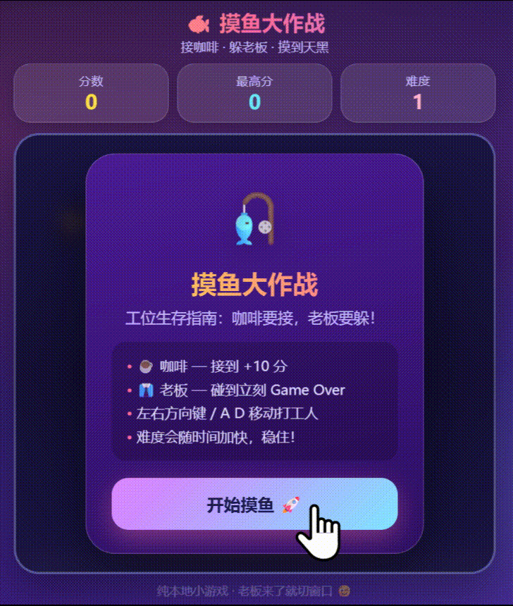 Grok生成的摸鱼大作战游戏多帧界面,包含开始、进行中、游戏结束等状态