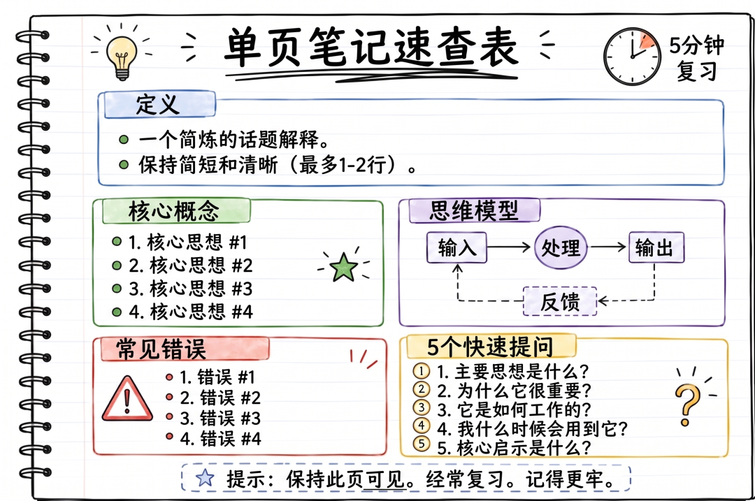 单页笔记速查表:定义、核心概念、思维模型与常见错误