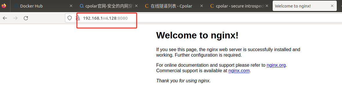浏览器访问 192.168.1.128:8080 显示 Nginx 欢迎页面
