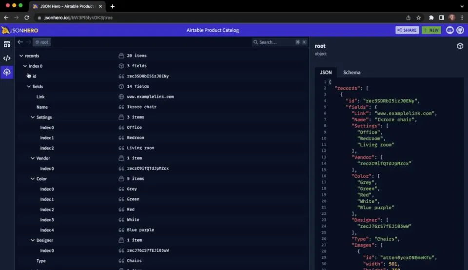 JSON Hero树状视图展示Airtable产品目录数据结构