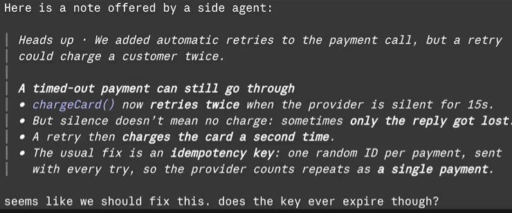 主会话保留上下文继续修复支付 bug