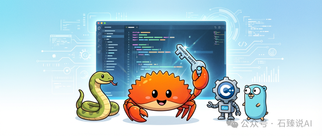 一幅科技插画：屏幕显示代码，前景是象征Python的蛇、象征Rust的螃蟹、C++机器人和Go土拨鼠