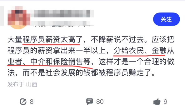 社交媒体评论截图,内容为“大量程序员薪资太高了,不降薪说不过去”,评论建议将程序员薪资分给其他职业