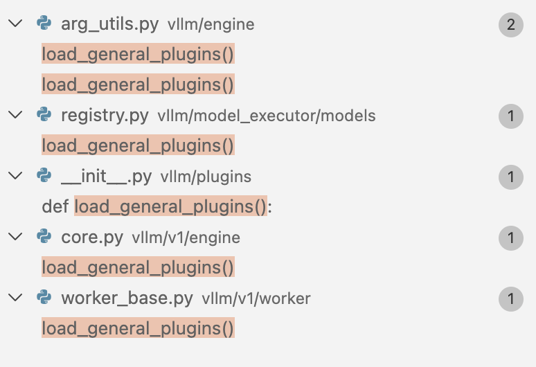 vllm 代码中多处调用 load_general_plugins 函数的截图