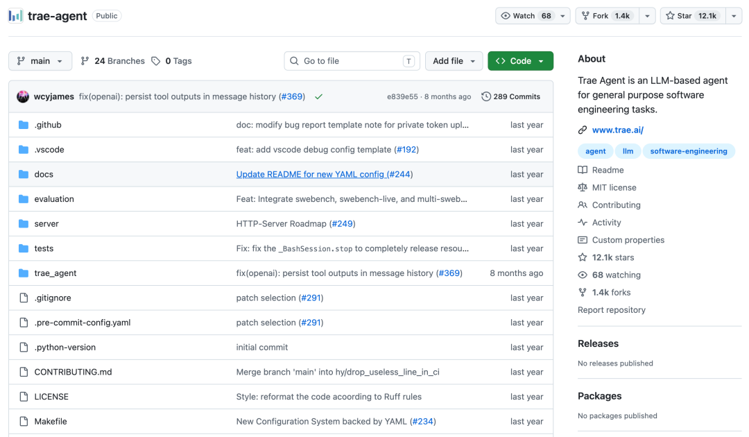 Trae Agent GitHub 仓库页面,展示 LLM-based agent 项目信息