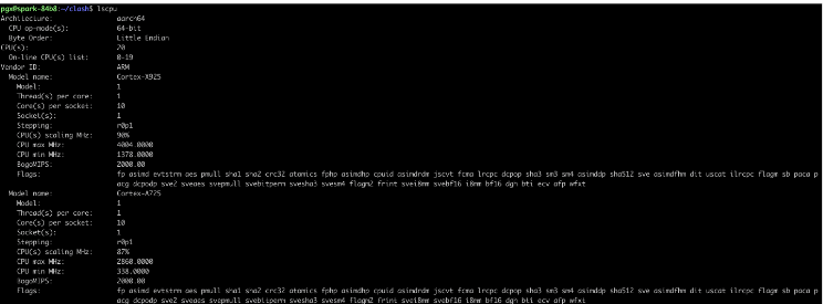 终端输出:`lscpu`命令结果,显示Architecture: aarch64, CPU mode: 64-bit, Model name: Cortex-A53, 8 cores