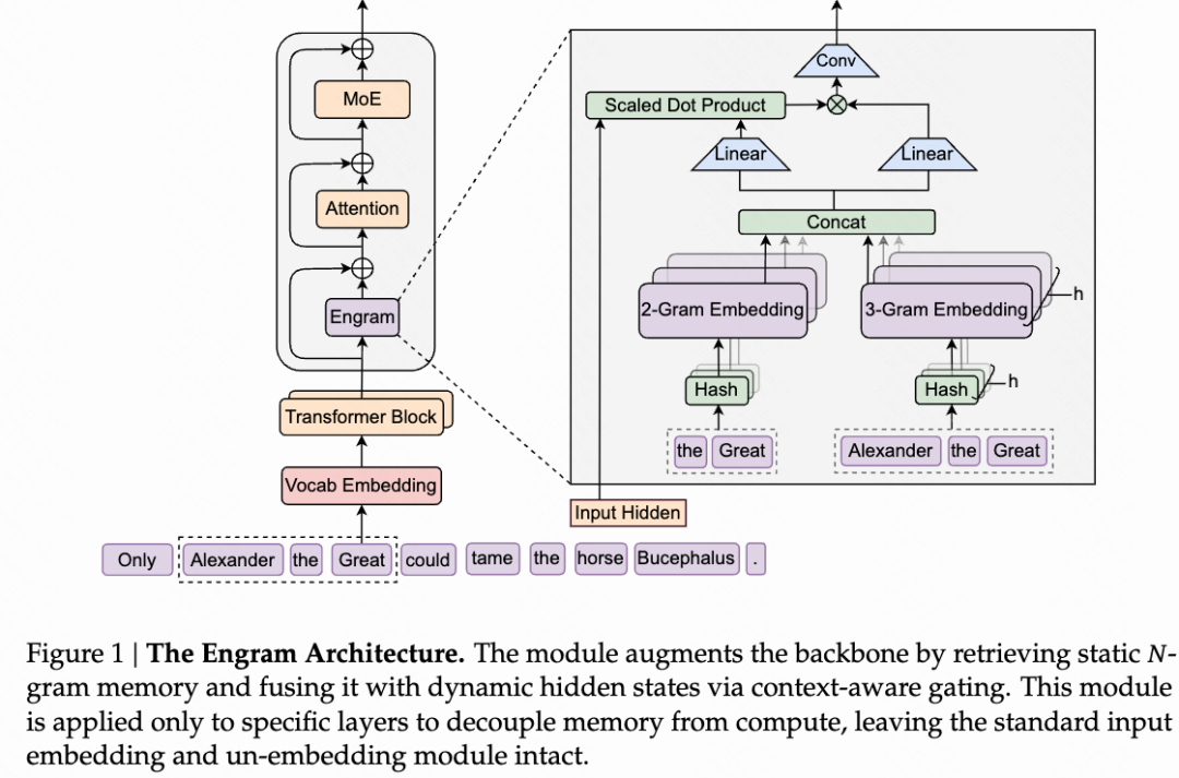 Engram 架构图：展示了 Engram 在 Transformer Block 中的位置及其内部结构
