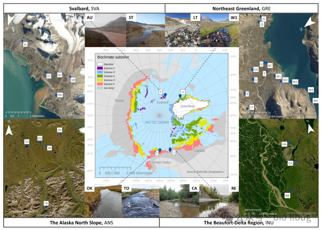 北极四个研究区域地理位置图